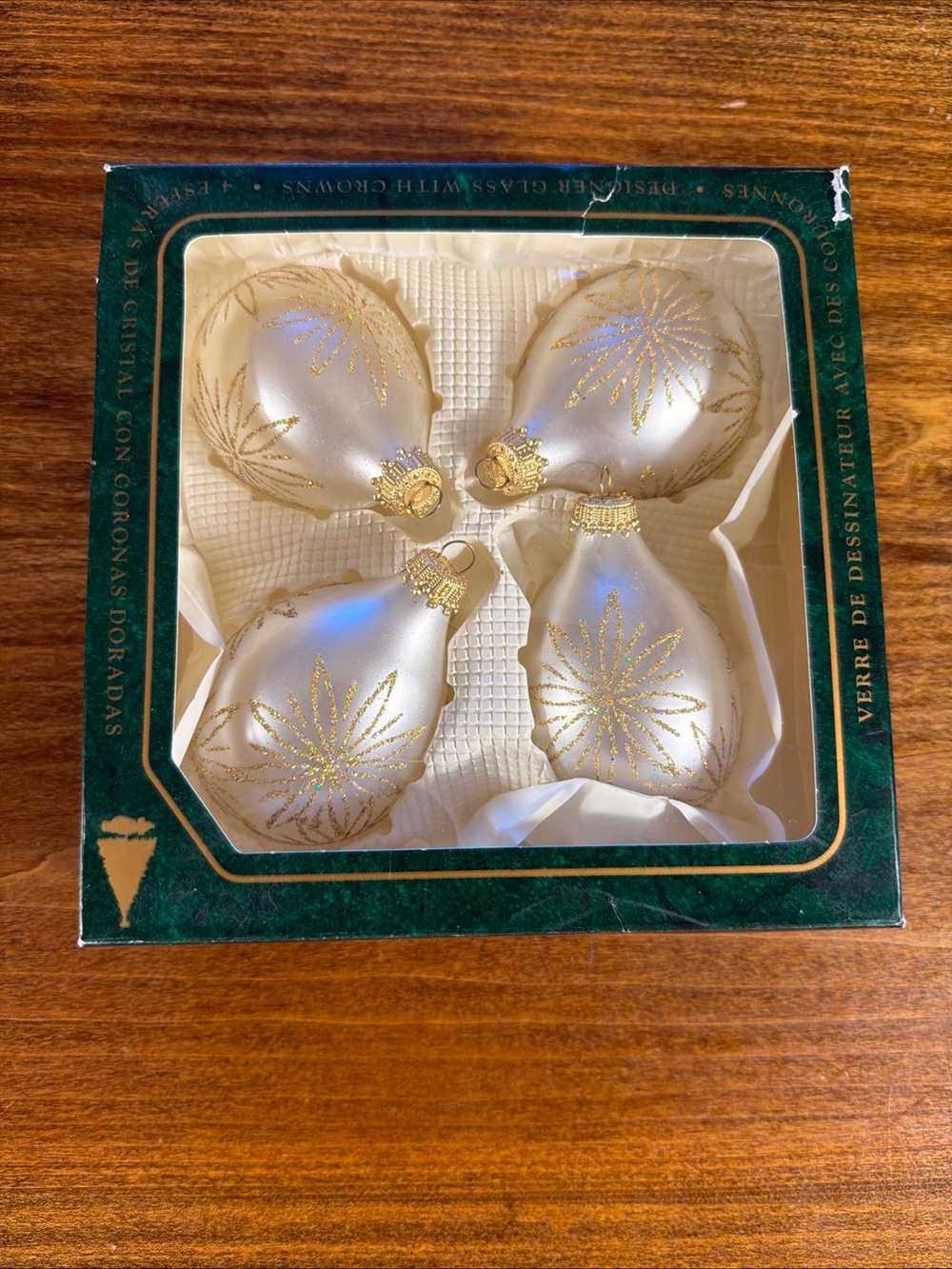 Holiday Glass Ornaments - Frosted White with Gold Accents (Set of 4)